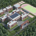 Red Brick School Building Exterior With Grand Gateway White Columns Green Lawn And Trees
