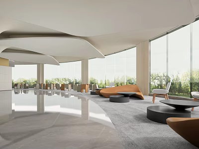 Hotel Lobby Modern Design With Large Windows Natural Light Orange Sofas Round Tables 3d model