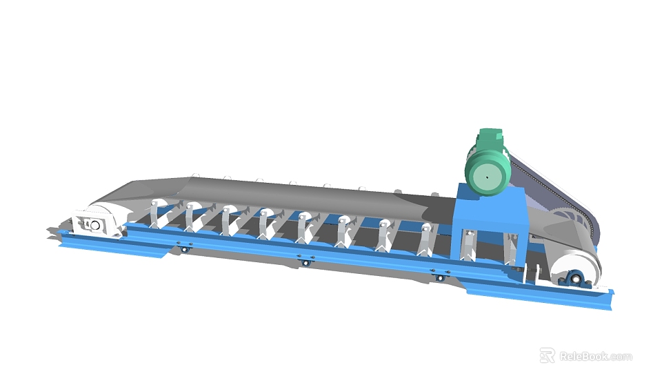 Industrial Long Strip Conveyor Equipment With Blue Frame Gray Body White Rollers And Green Motor 3d model 