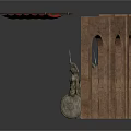 Ancient Historical Arched Structure Display With Standing Statues And Red Flag