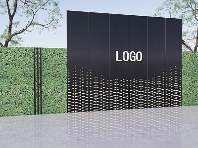 Modern Black Building Facade Featuring Logo And Green Plant Walls On Both Sides 3d model