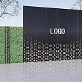 Modern Black Building Facade Featuring Logo And Green Plant Walls On Both Sides