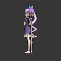 Woman with pink pigtails blue horns in kimono style outfit holding purple staff with orb