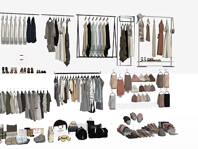 Various Fashion Clothes Hanging On Racks With Shoes Bags And Hats Collection 3d model