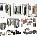 Various Fashion Clothes Hanging On Racks With Shoes Bags And Hats Collection