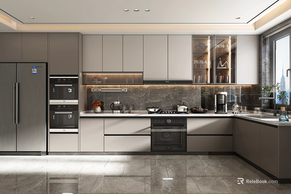 Modern Kitchen Interior With Gray Cabinets Stainless Steel Appliances And Marble Countertop 3d model 