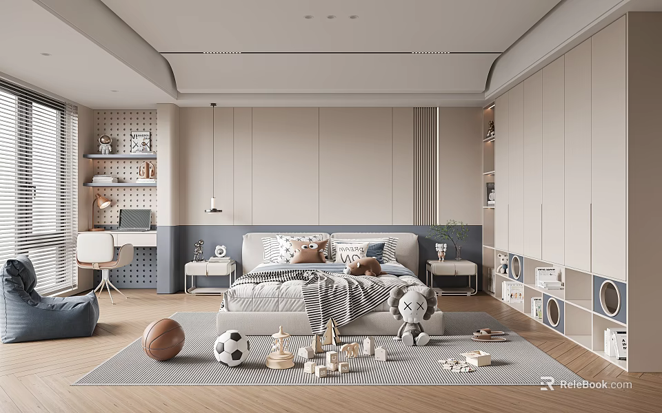 Modern Minimalist Kids Bedroom With Toys And Storage 3d model 