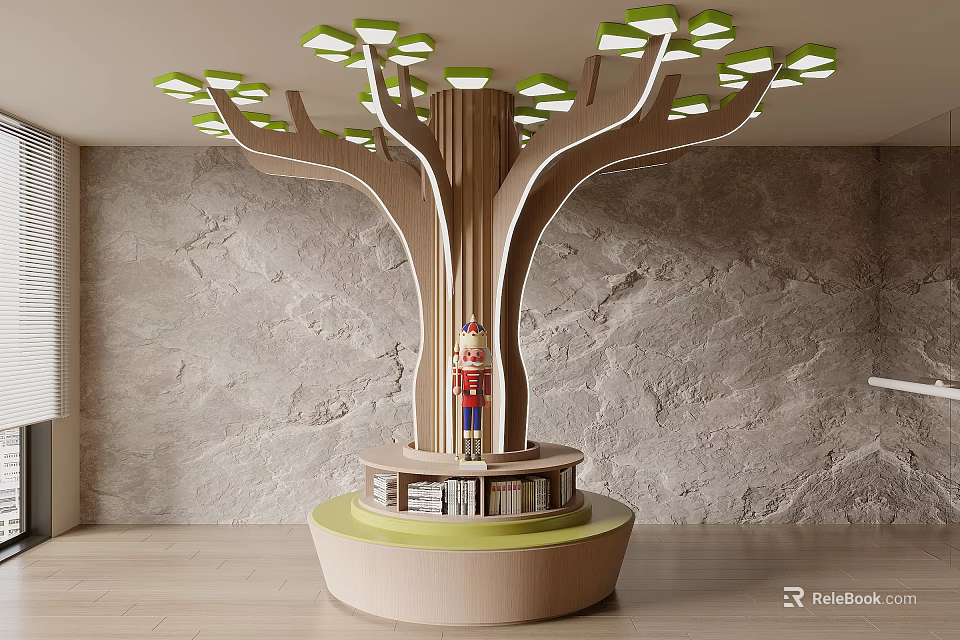 Tree Shaped Pillar with Green Lights Wooden Structure White Lines and Nutcracker on Base Platform 3d model 