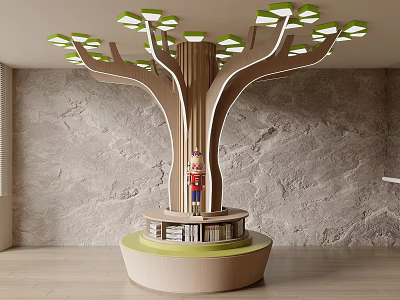 Tree Shaped Pillar with Green Lights Wooden Structure White Lines and Nutcracker on Base Platform 3d model