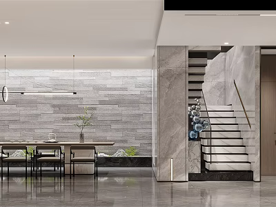 Modern Basement Interior Design With Stone Wall Dining Table Staircase And Pendant Lighting 3d model