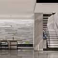 Modern Basement Interior Design With Stone Wall Dining Table Staircase And Pendant Lighting