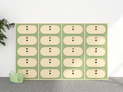 Wall Mounted Storage Organizer With Numbered Compartments And Green Basket 3d model