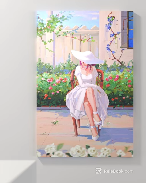Portrait Painting of Woman in White Dress Wide Brim Hat on Garden Chair with Flowers 3d model 