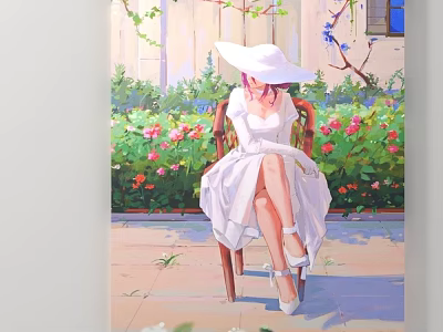 Portrait Painting of Woman in White Dress Wide Brim Hat on Garden Chair with Flowers 3d model