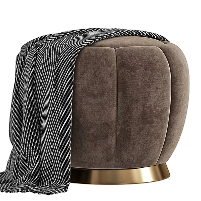 Stylish Plush Velvet Ottoman With Gold Base And Striped Throw 3d model
