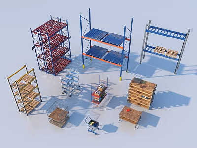 Various Colorful Storage Racks Practical Trolleys and Wooden Crates for Household Items 3d model