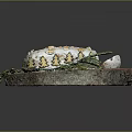 Traditional Christmas Stollen Cake on Wooden Base with Snow and Decorations