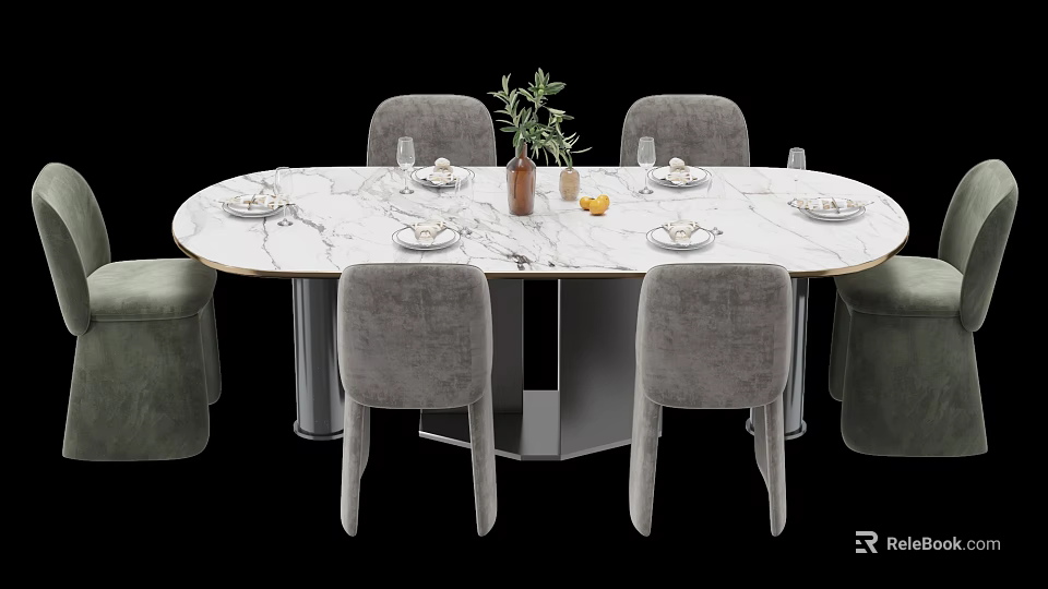Modern Dining Table Set With Marble Tabletop Gray Chairs Green Stools And Tableware Plant Lemon 3d model
