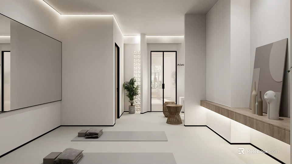Minimalist Yoga Space With Mats And Plants 3d model