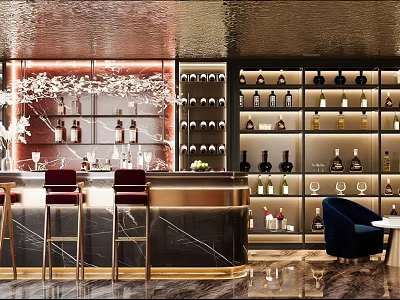 Elegant Bar Interior with Marble Counter Wine Bottles Glasses and Red Stools 3d model