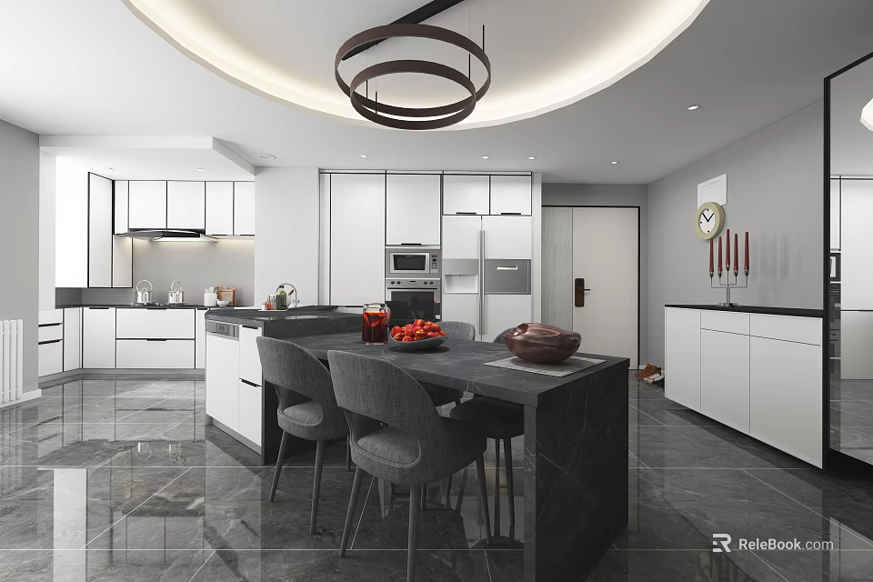 Modern Restaurant Open Kitchen With Island Black Countertop White Cabinets And Gray Chairs 3d model 