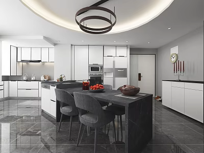 Modern Restaurant Open Kitchen With Island Black Countertop White Cabinets And Gray Chairs 3d model