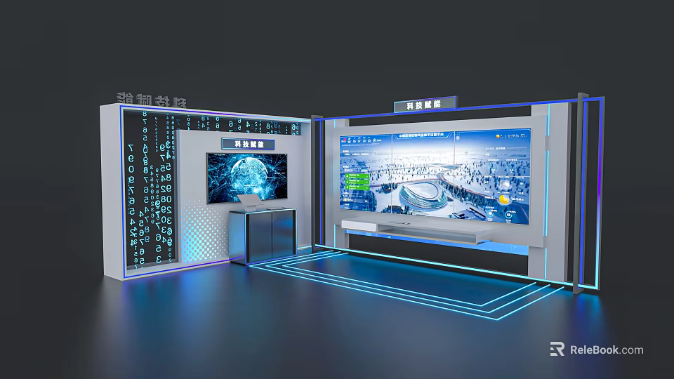 Modern Smart Technology Exhibition Island Featuring Digital Screens Data Display And Interactive Panels 3d model 