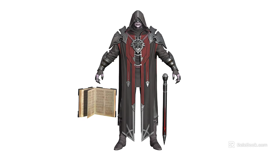 Hooded Masked Warlock in Black Red Robe With Ornate Chest Holding Open Book and Sword 3d model 
