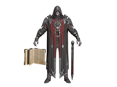 Hooded Masked Warlock in Black Red Robe With Ornate Chest Holding Open Book and Sword 3d model