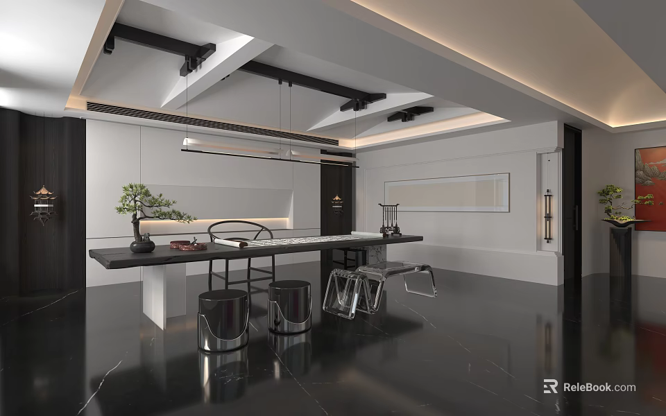 Modern Tea Room Interior With Long Table Bonsai And Seating 3d model 