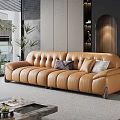 Modern Living Room Interior With Tan Leather Sofa Throw Pillows And Plants Near Large Windows