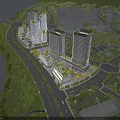 Waterfront Modern Commercial Complex With Tall Buildings Lush Greenery And Surrounding Roads