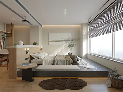 Cozy Modern Hotel Room With Tatami Bed Window Blinds Small Table And Green Plant 3d model