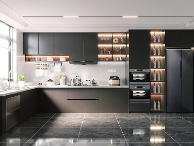 Modern Kitchen Interior Design With Black Cabinets Island Counter And Marble Floor 3d model