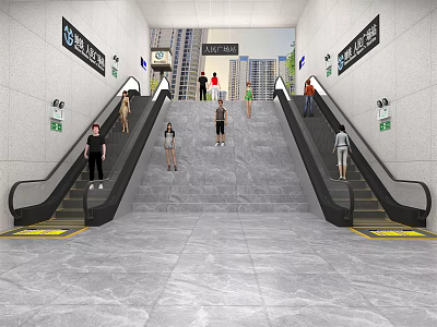 Modern Urban Station Interior With Escalators Stairs Pedestrians And Directional Signs 3d model