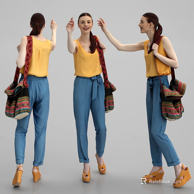 Woman Wearing Yellow Sleeveless Top Blue Belted Pants With Colorful Woven Bag And Yellow Shoes 3d model 