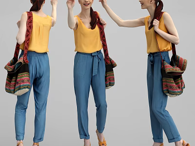 Woman Wearing Yellow Sleeveless Top Blue Belted Pants With Colorful Woven Bag And Yellow Shoes 3d model