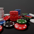 Colorful Poker Chips for Card Games Stacked and Scattered on Black Surface