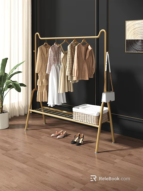 Golden Metal Clothes Rack With Hanging Clothes Woven Basket And Shoes In Home Setting 3d model 