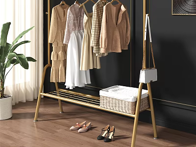 Golden Metal Clothes Rack With Hanging Clothes Woven Basket And Shoes In Home Setting 3d model
