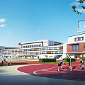 Modern School Buildings With Sports Field Running Track And Lush Greenery Trees