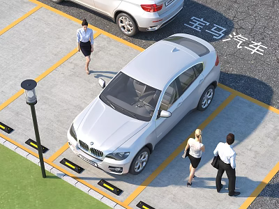 Parking Lot With BMW Cars People Walking Yellow Parking Lines And Street Lamp 3d model