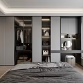 Modern Grey Wardrobe Design With Glass Doors And Dressing Table Mirror
