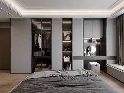 Modern Grey Wardrobe Design With Glass Doors And Dressing Table Mirror 3d model