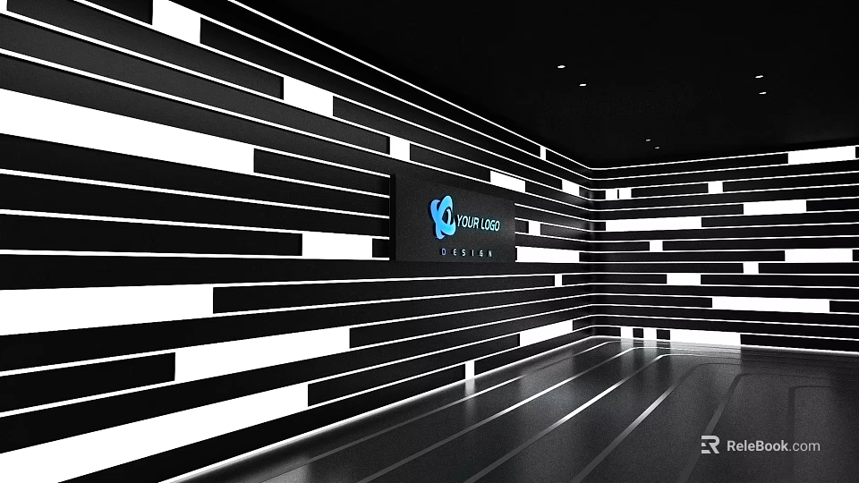 Modern Elevator Hallway With Black White Striped Walls Lighting And Powelland Estates Sign 3d model 