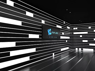 Modern Elevator Hallway With Black White Striped Walls Lighting And Powelland Estates Sign 3d model