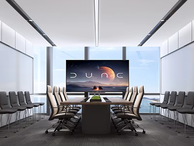 Modern Conference Room With Large Screen Showing Dune Bright Windows And Comfortable Chairs 3d model