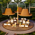 Outdoor Camping Tent With Palm Trees Tables Chairs And Mountain View Landscape Area