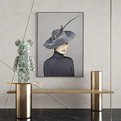 Hat Wearing Woman Portrait Painting With Green Doll on Gold Table Gray Wall Geometric Design 3d model