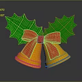 Christmas Decorative Ornament With Golden Bells Green Leaves And Red Bow